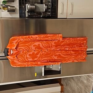 💕TRINA TURK💕 Long Sleeve Jersey Knit Shirt Dress Orange and Pink Retro Print M